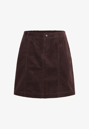 Rudos aksomo sijonas su vertikaliu raukšlėtu tekstūru, vidutinio ilgio dizainas, priekinės kišenės ir metalinis mygtuko užsegimas juosmens srityje.