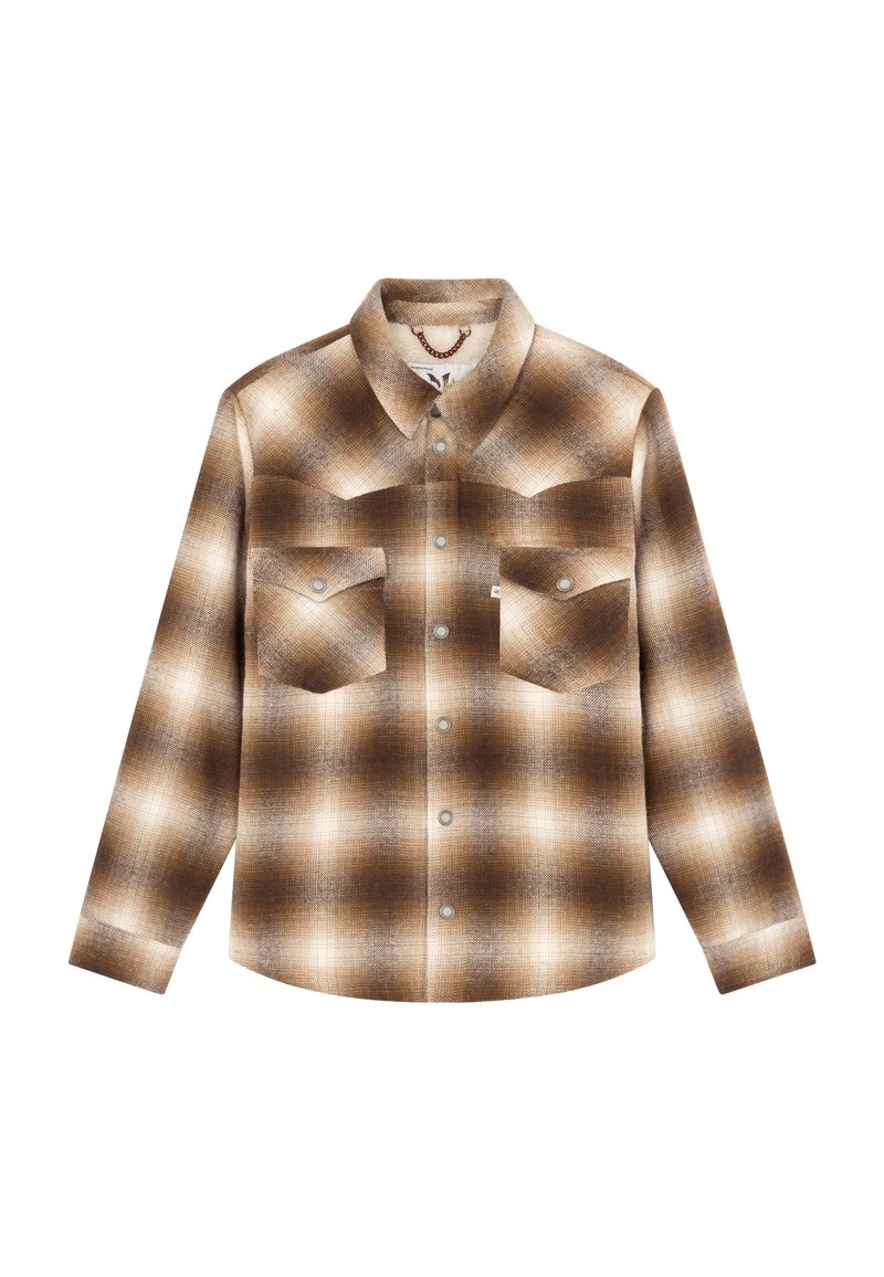 Camicia button-up a quadri marrone e crema con maniche lunghe, due tasche frontali sul petto con patte e colletto a punta.