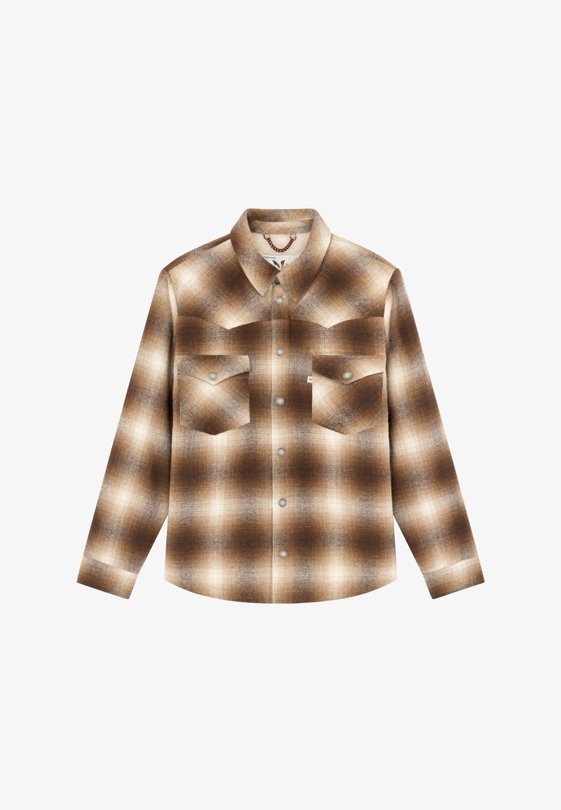 Camicia button-up a quadri marrone e crema con maniche lunghe, due tasche frontali sul petto con patte e colletto a punta.