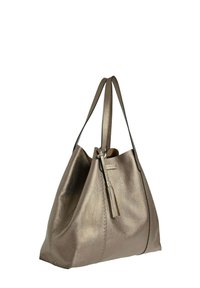 Sac à main en cuir bronze métallisé avec deux poignées et un détail à pampille, présenté sur fond blanc.