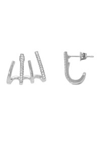 Orecchini in argento con design geometrico, costituiti da tre barre curve decorate con pietre trasparenti e un singolo stud curvo. Finitura testurizzata.
