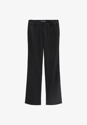 Black straight-leg trousers with belt loops, side pockets, and a front zip with button closure, displayed on a white background.