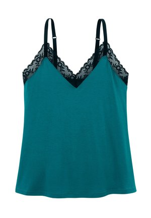 Débardeur turquoise avec un design en V, présentant des accents de dentelle noire le long de l'encolure et des bretelles réglables. Texture lisse.