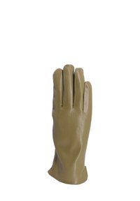 Guanto in pelle verde oliva con cinque dita, texture liscia e design aderente al polso, con cuciture minime e senza hardware visibile.