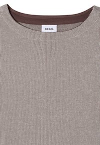 Chemise à rayures verticales marron et blanches avec un col rond et une étiquette de marque "CECIL" cousue à l'intérieur du col.
