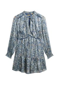 Robe à manches longues avec un motif paisley bleu, tissu léger, taille froncée, détail noué avec bouton au col et ourlet à volants.