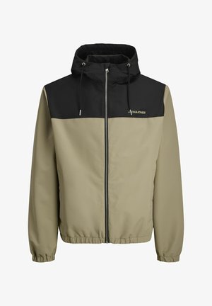 Hooded jacket with a black upper section and light brown lower section. Features a front zipper, elastic cuffs, and adjustable drawstrings.