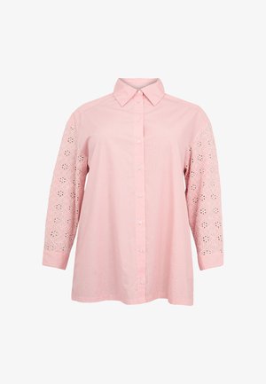 Rosa-weiß gestreiftes Hemd mit Knopfleiste, floralen Spitzenärmeln und spitzem Kragen, locker geschnitten und mit langen Ärmeln.