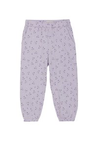 Lila byxor med ett blommönster som har små vita och lila blommor. Resårmidja och uppvikta nederkanter. Två sidofickor.