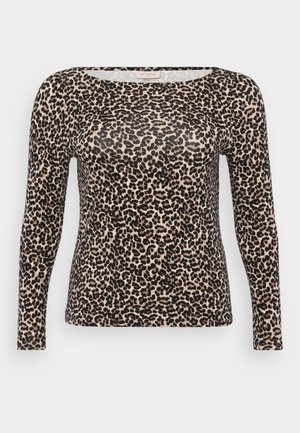 Long-sleeve top in lightweight fabric featuring a beige base with black leopard print pattern and a wide, rounded neckline.