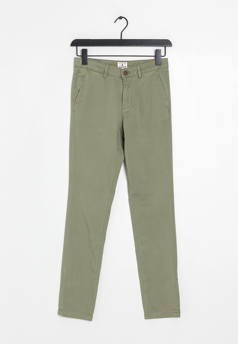 Harmaat, slim-fit-housut oliivinvihreästä puuvillasta, joissa on kaksi etutaskua, napillinen suljenta ja vyölenkit. Sileä rakenne ja istuva muotoilu.