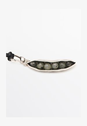 Silver pendant shaped like a pea pod, containing five round, gray-green stones. Attached to a black leather cord with a clasp.