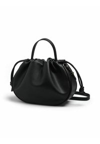 Borsa in pelle nera con forma arrotondata, parte superiore arricciata e doppi manici. Presenta una tracolla staccabile, texture liscia e hardware minimal.