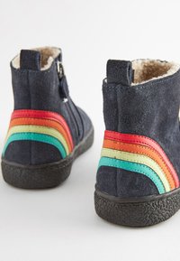 Botine negre din suede cu o căptușeală din blană sintetică, având un model de dungi multicolore în roșu, portocaliu, verde și teal pe toc.