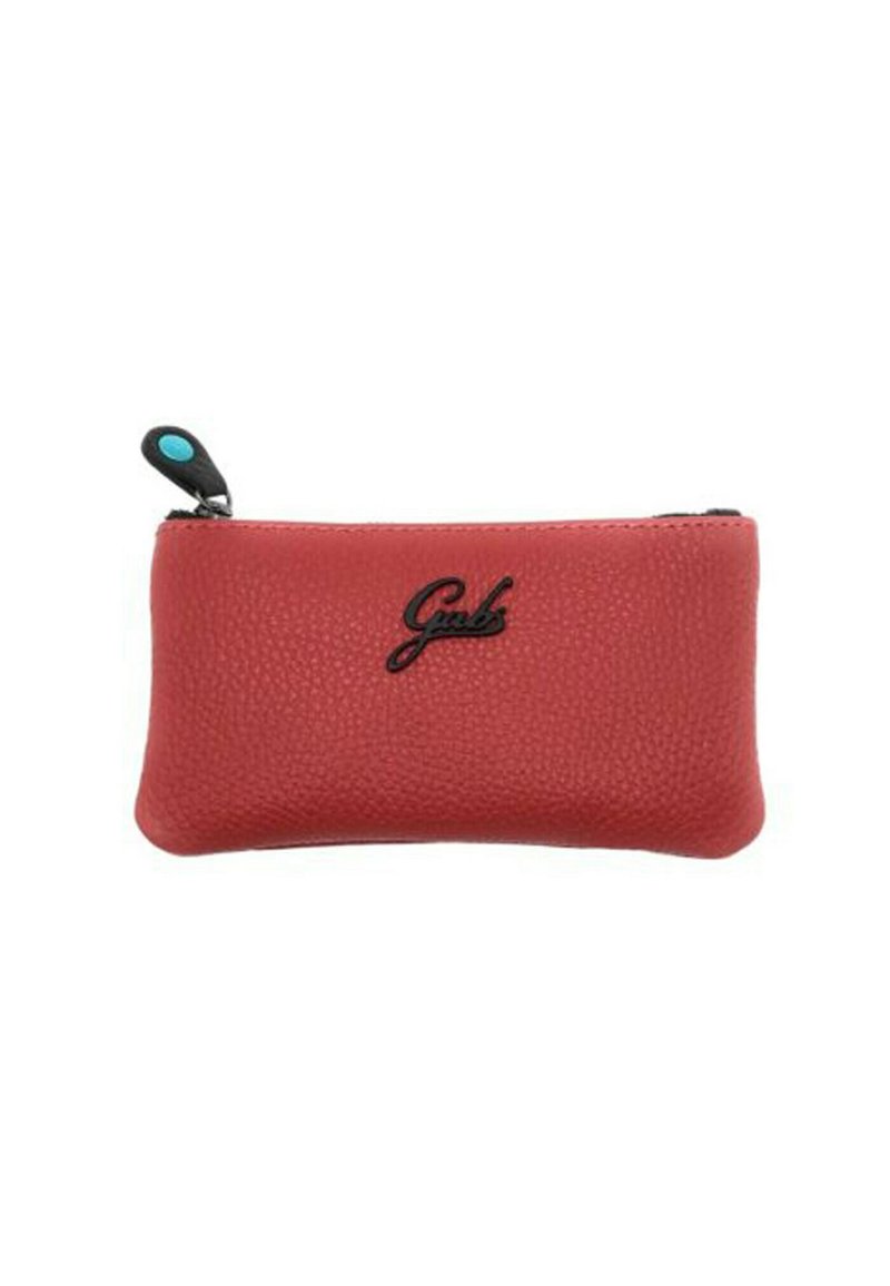 Porta monete in pelle rossa con superficie texturizzata, zip nera e un accento blu sul tirante della zip. Presenta un logo "Gabs" sulla parte anteriore.