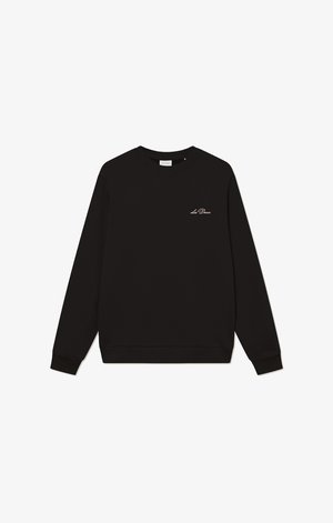Black sweatshirt made of cotton with a round neckline, long sleeves, and ribbed cuffs; features a small white embroidered logo on the left chest.