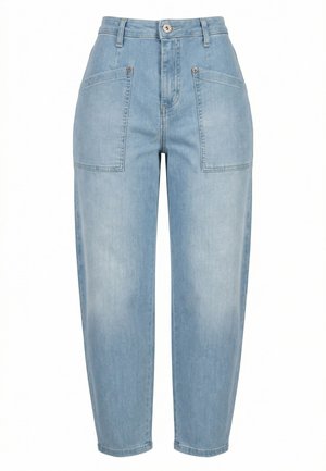 Jeans a vita alta color azzurro chiaro, sagomati, con tasche applicate frontali, passanti per cintura e chiusura con bottone e cerniera.