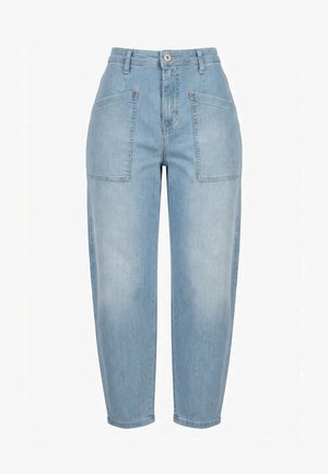 Jeans a vita alta color azzurro chiaro, sagomati, con tasche applicate frontali, passanti per cintura e chiusura con bottone e cerniera.