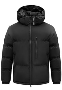 Giacca a piumino nera con cappuccio, dotata di zip frontale, due tasche laterali con zip e logo sul collo. Tessuto liscio e imbottito.