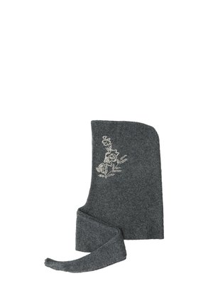 Capuche en tricot gris charbon avec broderie florale blanche sur un côté et une longue extension en forme d'écharpe attachée en bas.