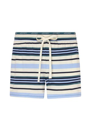 Herren-Badeshorts mit horizontalen Streifen in Blau, Grün, Schwarz und Cremefarben, mit weißem Kordelzug und elastischem Bund mit Markenlogo.