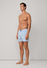 Svijetloplave kupaćice s uzorkom, koje imaju pojas s vezicom, kratke su duljine i s malim zvjezdastim motivima ravnomjerno raspoređenim po tkanini.