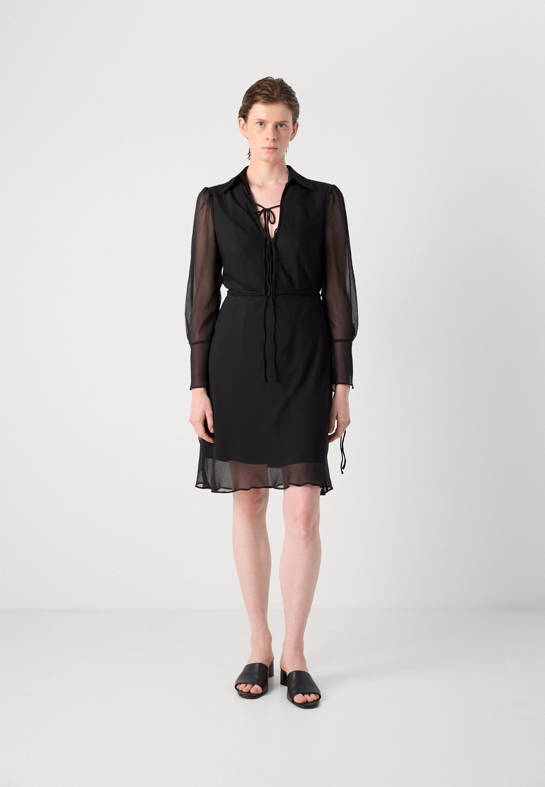 dkny tiered tie neck dress