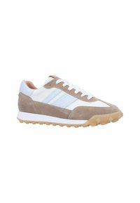 Tan and white sneaker with a suede upper, textured leather accents, white laces, and a rubber gum sole. Features three white stripes.