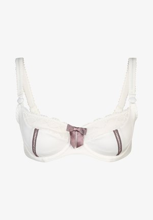 Soutien-gorge blanc avec des bordures en dentelle et des accents brun chocolat. Présente un nœud en satin au centre et des bretelles réglables avec des bords festonnés.