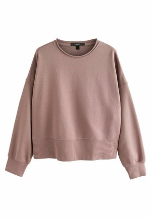 Light pink, cropped sweatshirt with long sleeves, ribbed neckline, and hem. Soft texture with subtle stitching details. Brand label visible.