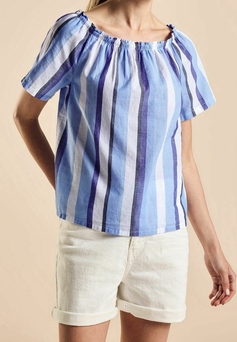 Blouse à manches courtes rayée bleu et blanc avec un col élastiqué, associée à un short roulé de couleur claire. Texture de tissu lisse.