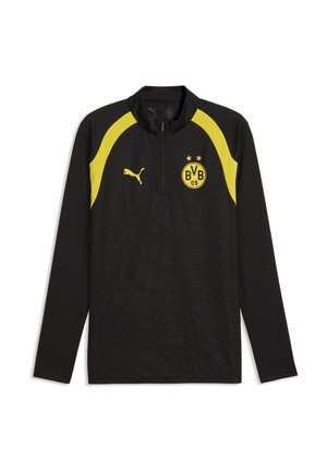Czarny sportowy top z długim rękawem z żółtymi paskami na ramionach, półzamkiem, logo Puma i emblematem Borussia Dortmund BVB 09 na piersi.