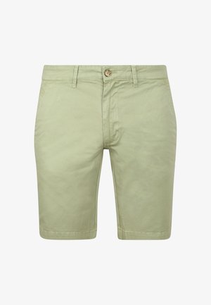 Light green cotton shorts with a button closure, belt loops, and straight cut design. Smooth texture and clean finish.