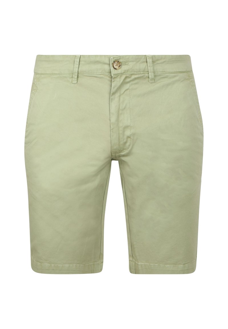 Lichtgroene katoenen shorts met een knoopsluiting, riemlussen en recht gesneden ontwerp. Glad materiaal en een nette afwerking.