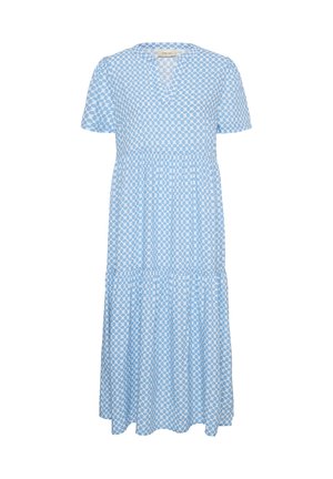 Vaaleansininen midi-mittainen mekko, jossa on lyhyet hihat ja kerroksellinen hame, valkoisella polkkapistekuviolla ja V-pääntiellä.