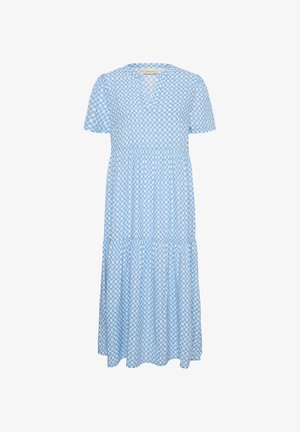 Vaaleansininen midi-mittainen mekko, jossa on lyhyet hihat ja kerroksellinen hame, valkoisella polkkapistekuviolla ja V-pääntiellä.