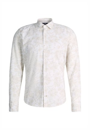 Wit overhemd met lange mouwen en knopen, met een subtiel licht bloemenpatroon en een klassieke kraag, weergegeven op een effen witte achtergrond.