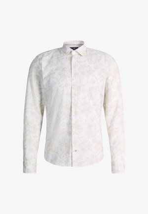 Wit overhemd met lange mouwen en knopen, met een subtiel licht bloemenpatroon en een klassieke kraag, weergegeven op een effen witte achtergrond.