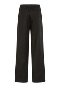 Schwarze, weit geschnittene Hosen mit elastischem Bund, geradem Schnitt und ohne sichtbare Taschen oder Verzierungen, frontal vor weißem Hintergrund dargestellt.