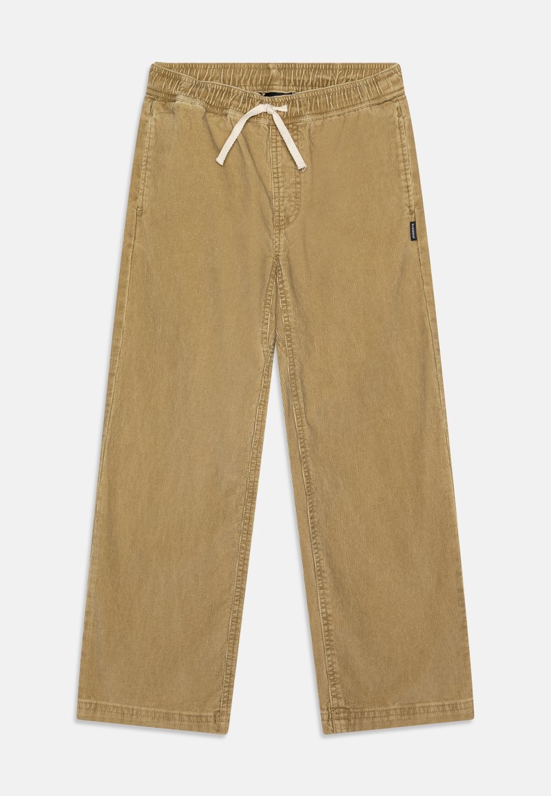 Ανοιχτό καφέ παντελόνι καμπάνα από κοτλέ, με ελαστική μέση και κορδόνι, και μικρή ετικέτα του 브랜드 στο πλάι.