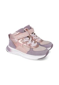 Sneakers alte con design in materiali misti nelle tonalità di rosa e viola, dotati di una fascia in Velcro e suola in gomma bianca.