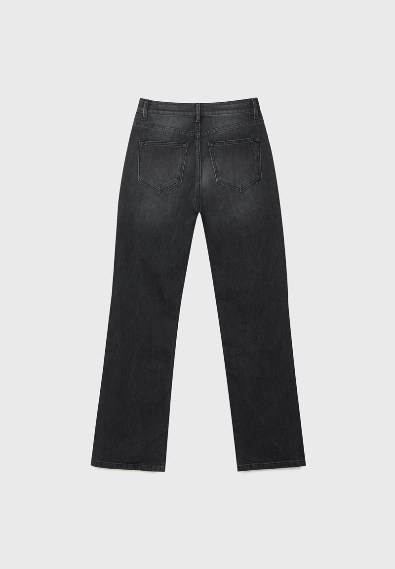 Jeans neri a gamba dritta con una superficie liscia, dotati di due tasche posteriori e di una vita con passanti per cintura. Senza marchi o design visibili.