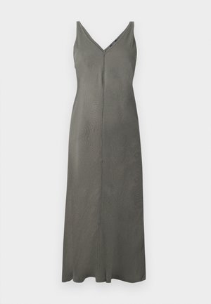 Long olive green dress with a V-neck, thin straps, and a simple silhouette; made of soft, smooth fabric with a straight hemline.