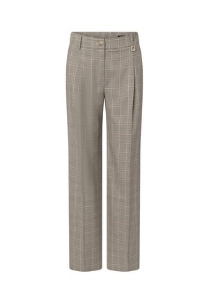 High-waist straight-leg women's trousers with beige and brown checkered pattern and belt loops.