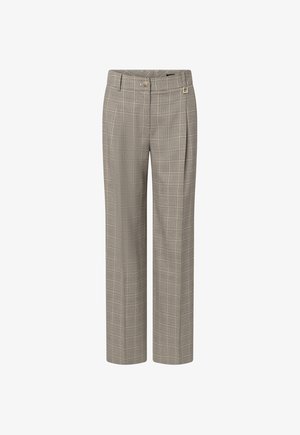 Damenhose mit hohem Bund und geradem Bein in beige-braun kariertem Muster und Gürtelschlaufen.