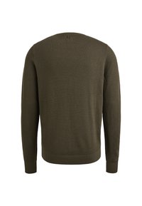 Olijfgroene gebreide trui met een textuurpatroon, ronde hals, lange mouwen en geribbelde boorden en rand. Heeft een klein logo op de achterkant.