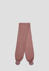 Bufanda de punto rosa con un patrón texturizado, extremos redondeados y pompones esponjosos. Detalle de logo pequeño presente en un lado.