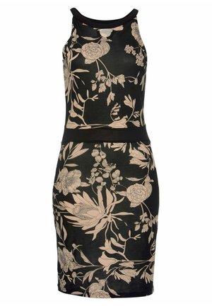 Sleeveless black dress with beige floral pattern, fitted waist, and a high neckline, knee-length style.