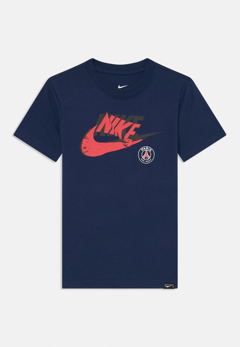 Navy cotton t-shirt featuring a red Nike logo with gradient effects. Includes a small Paris emblem on the chest. Short sleeves, crew neck.