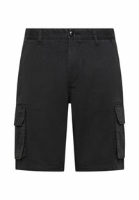 Bermuda nera in cotone, con tasche laterali, chiusura a bottone e vestibilità dritta. Tessuto liscio senza motivi visibili.